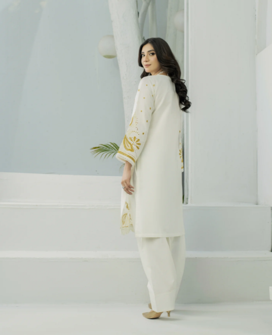 Three Pc Embroidered Dress With Farshi Shalwar