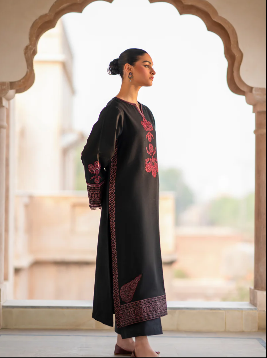 Stitched 2 Pc Embroidered Suit Black