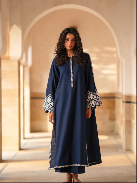 Stitched 2-Piece Embroidered Lawn Suit – Navy Blue