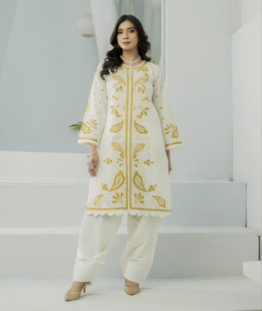 Three Pc Embroidered Dress With Farshi Shalwar