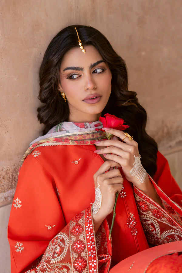 3 Piece - Premium Embroidered Lawn Suit With Chiffon Dupatta & Farshi Shalwar