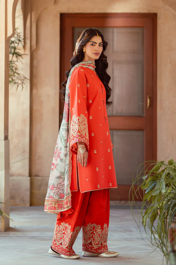 3 Piece - Premium Embroidered Lawn Suit With Chiffon Dupatta & Farshi Shalwar