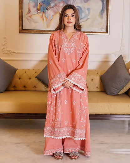 Peach Blossom – Embroidered 3-Piece Khaddar Suit with Printed Wool Shawl