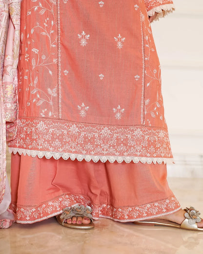 Peach Blossom – Embroidered 3-Piece Khaddar Suit with Printed Wool Shawl