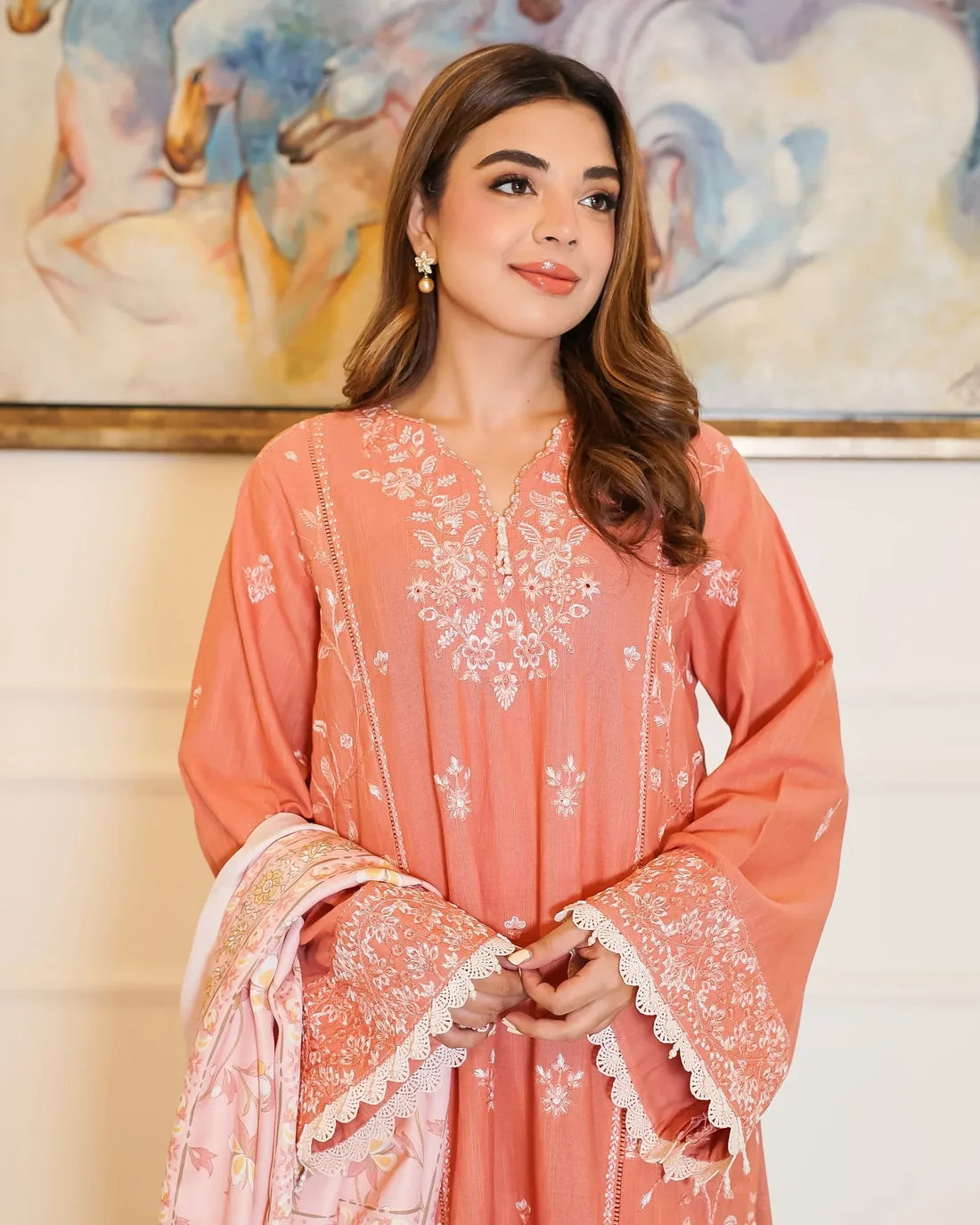 Peach Blossom – Embroidered 3-Piece Khaddar Suit with Printed Wool Shawl