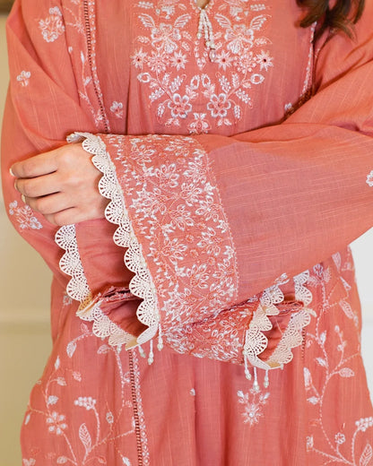 Peach Blossom – Embroidered 3-Piece Khaddar Suit with Printed Wool Shawl