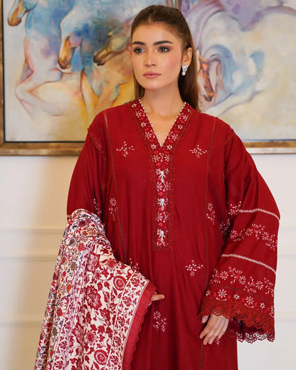 Crimson Royalty – Embroidered 3-Piece Khaddar Suit with Printed Wool Shawl