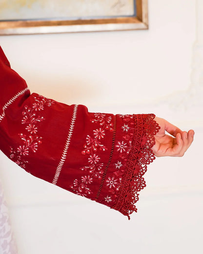 Crimson Royalty – Embroidered 3-Piece Khaddar Suit with Printed Wool Shawl