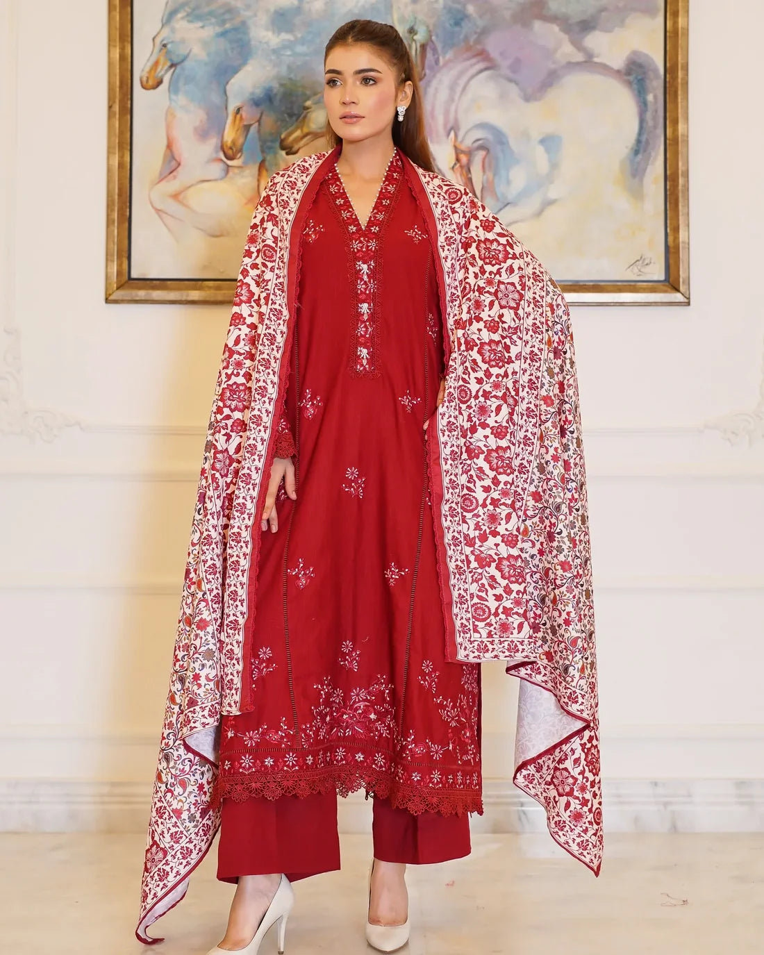 Crimson Royalty – Embroidered 3-Piece Khaddar Suit with Printed Wool Shawl
