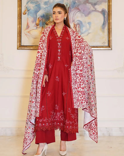 Crimson Royalty – Embroidered 3-Piece Khaddar Suit with Printed Wool Shawl