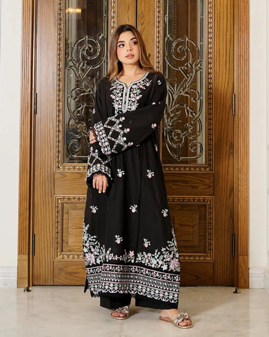 Nocturne Blossom – Embroidered 3-Piece Khaddar Suit with Wool Shawl