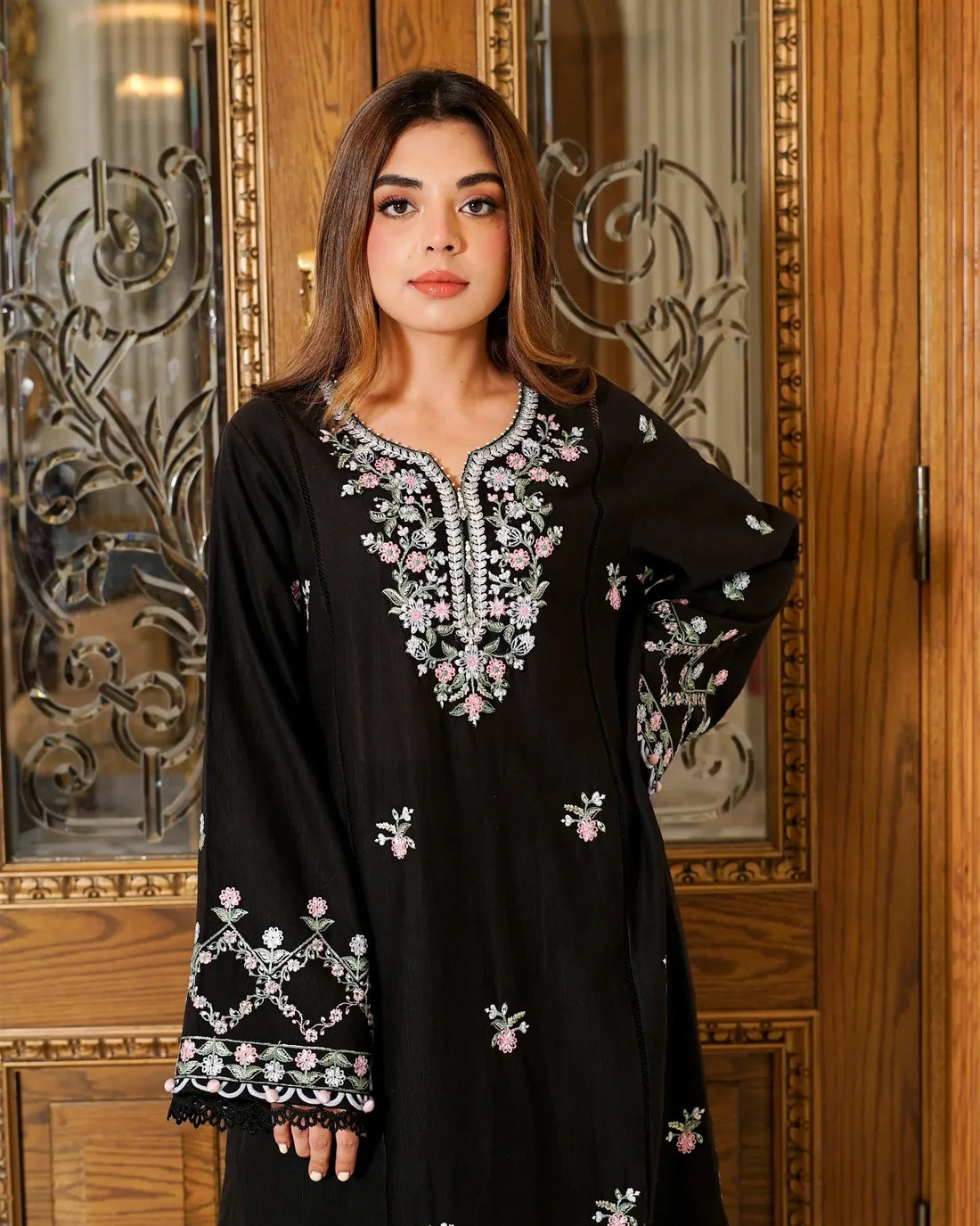 Nocturne Blossom – Embroidered 3-Piece Khaddar Suit with Wool Shawl