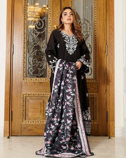Nocturne Blossom – Embroidered 3-Piece Khaddar Suit with Wool Shawl