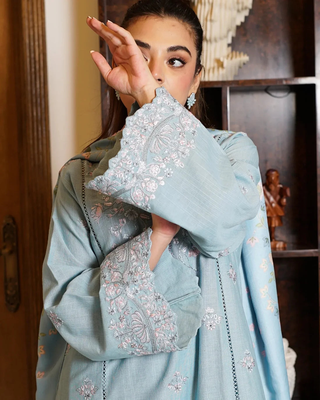 Skyline Bloom – Embroidered 3-Piece Khaddar Suit with Wool Shawl