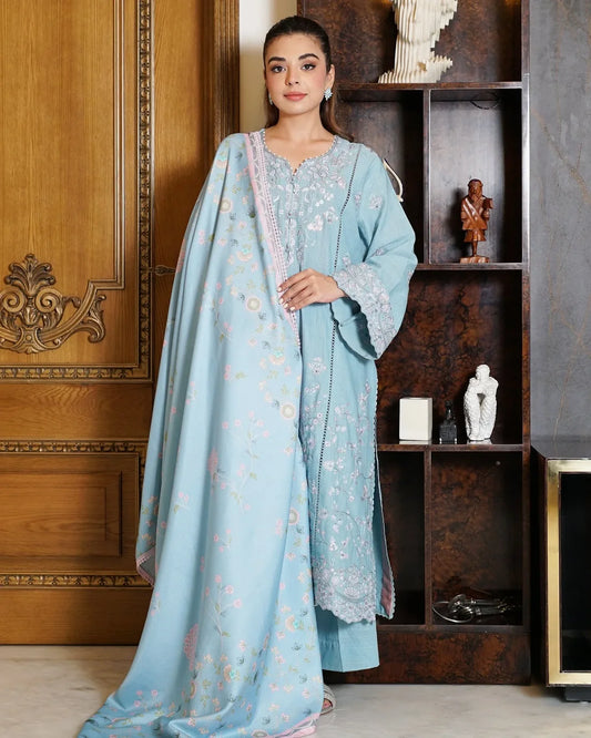 Skyline Bloom – Embroidered 3-Piece Khaddar Suit with Wool Shawl