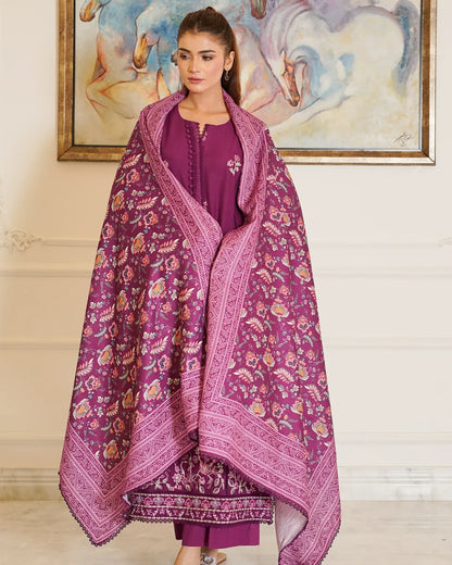 Plum Heritage – Embroidered 3-Piece Khaddar Suit with Printed Wool Shawl