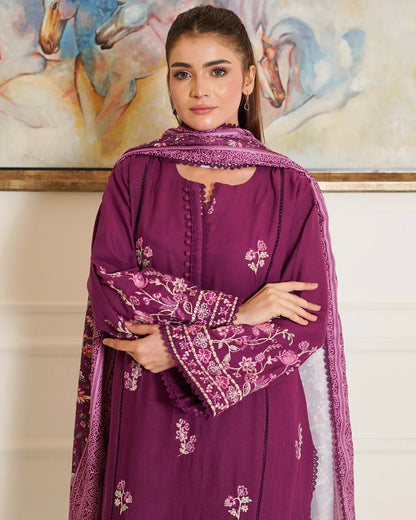 Plum Heritage – Embroidered 3-Piece Khaddar Suit with Printed Wool Shawl