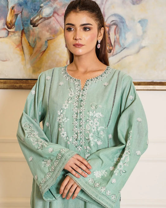 Mint Breeze – Embroidered 3-Piece Khaddar Suit with Wool Shawl