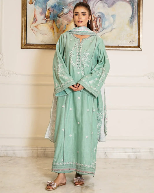 Mint Breeze – Embroidered 3-Piece Khaddar Suit with Wool Shawl