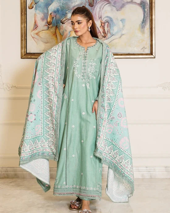 Mint Breeze – Embroidered 3-Piece Khaddar Suit with Wool Shawl