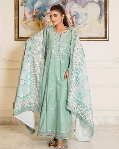 Mint Breeze – Embroidered 3-Piece Khaddar Suit with Wool Shawl
