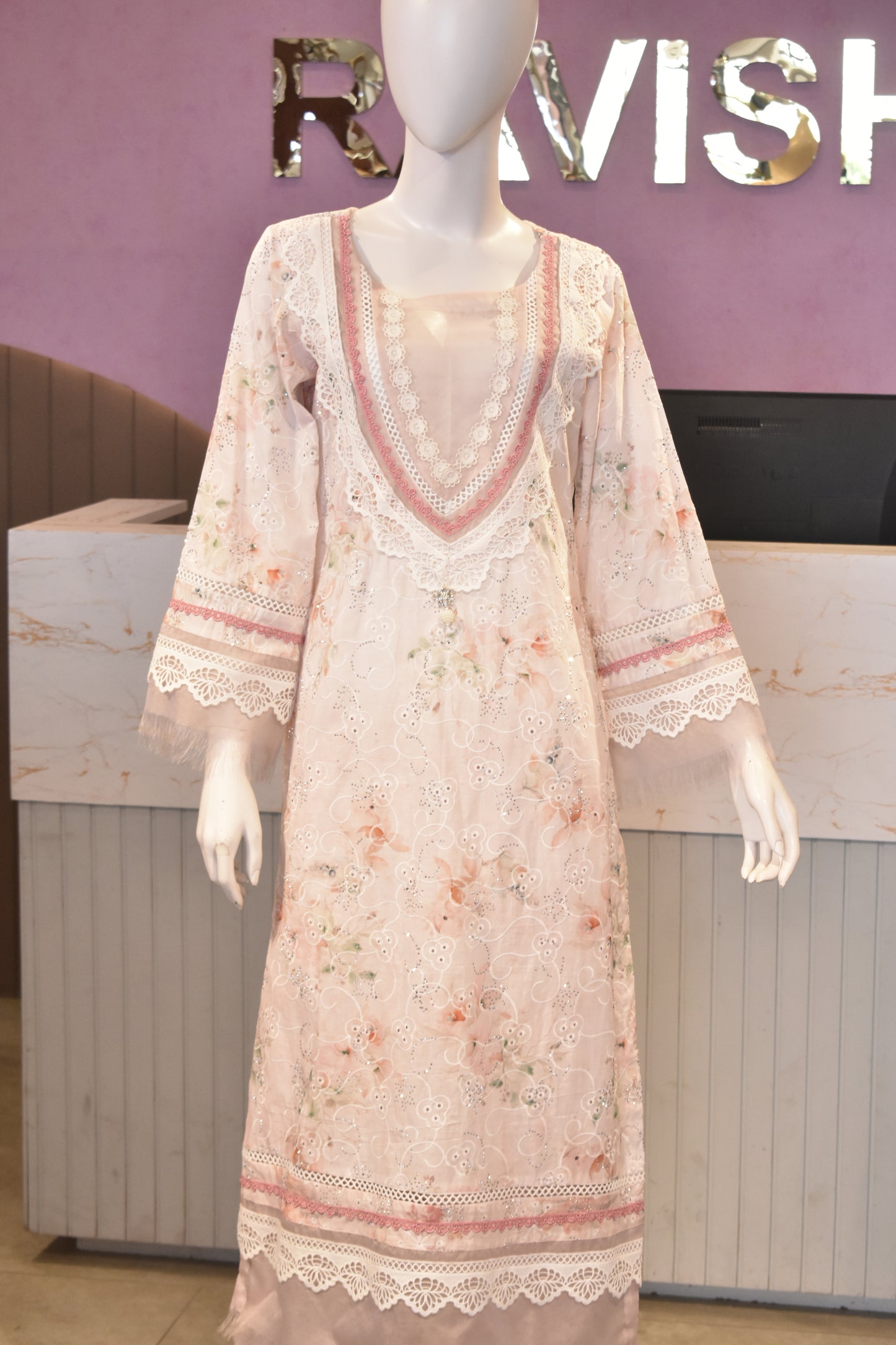 Ethereal Peach Hand-Embroidered Cotton Ensemble