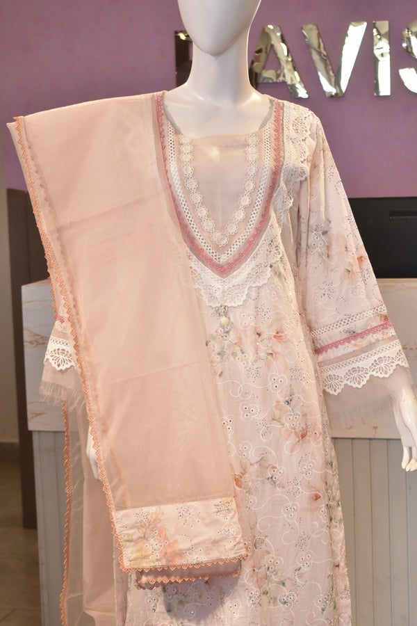 Ethereal Peach Hand-Embroidered Cotton Ensemble