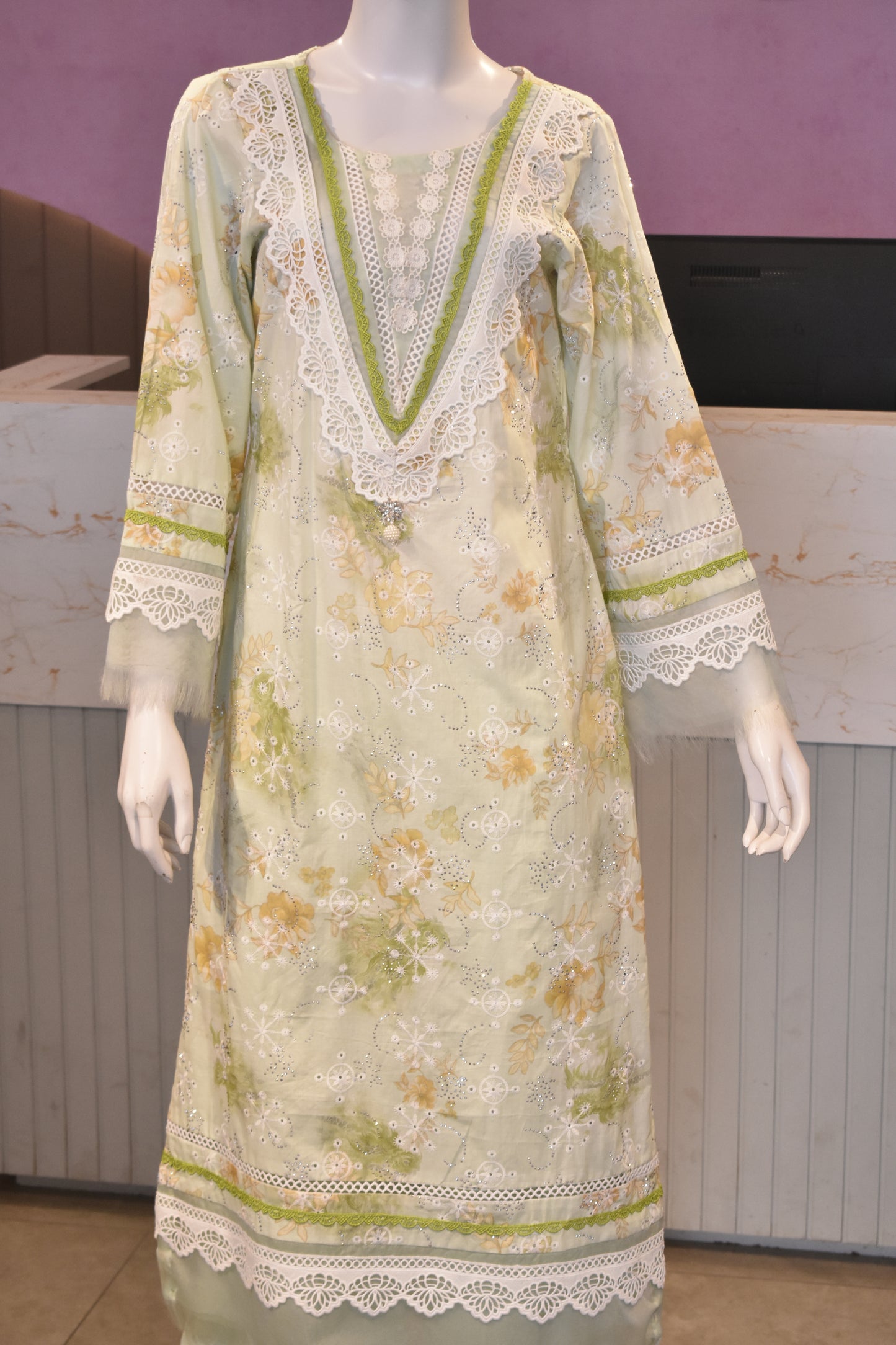Premium Hand-Embroidered Soft Cotton Suit in Pistachio Green