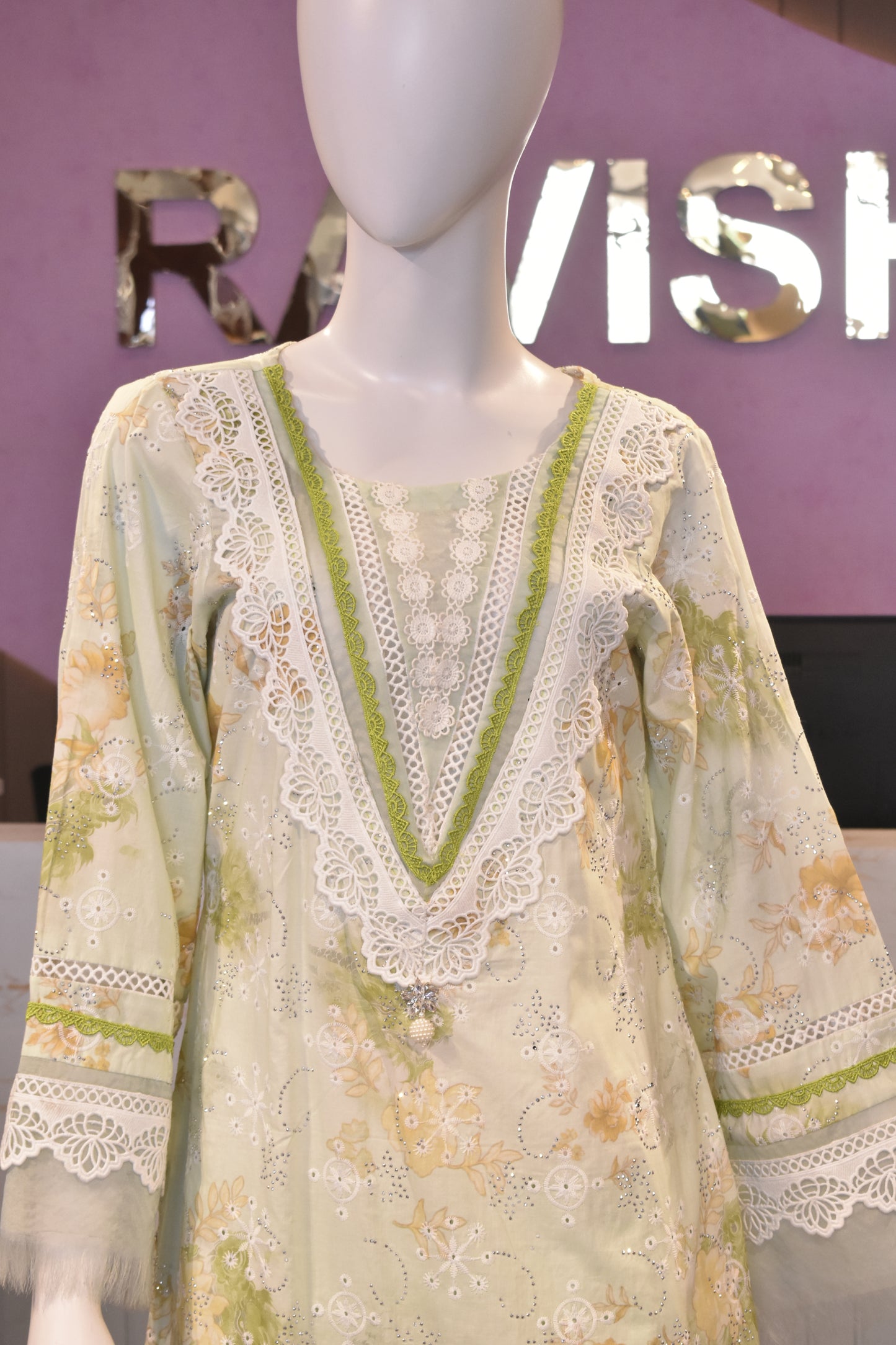 Premium Hand-Embroidered Soft Cotton Suit in Pistachio Green