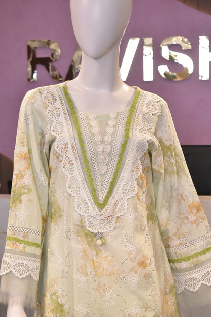 Premium Hand-Embroidered Soft Cotton Suit in Pistachio Green