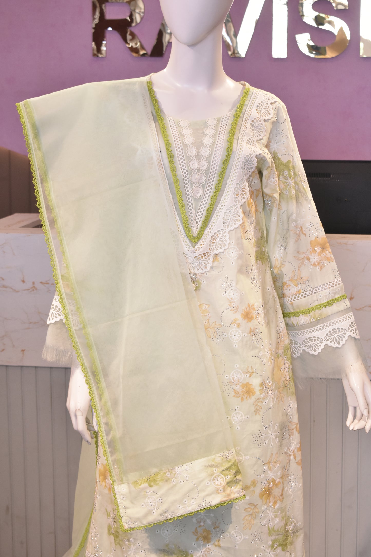 Premium Hand-Embroidered Soft Cotton Suit in Pistachio Green