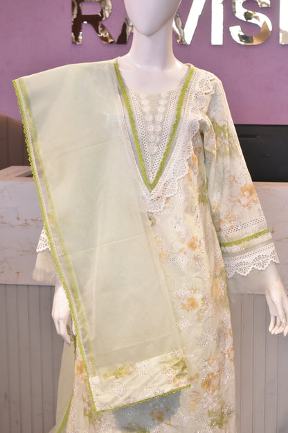 Premium Hand-Embroidered Soft Cotton Suit in Pistachio Green