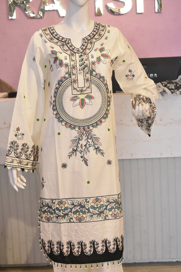 Serene Ivory Embroidered Lawn 3-Piece Suit with Cotton Net Dupatta