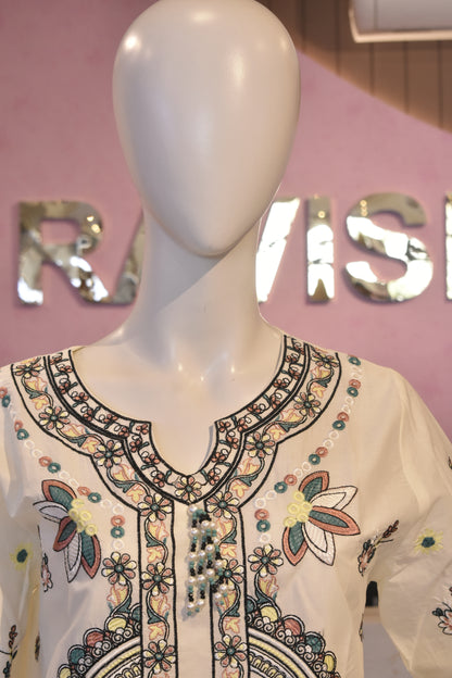 Serene Ivory Embroidered Lawn 3-Piece Suit with Cotton Net Dupatta