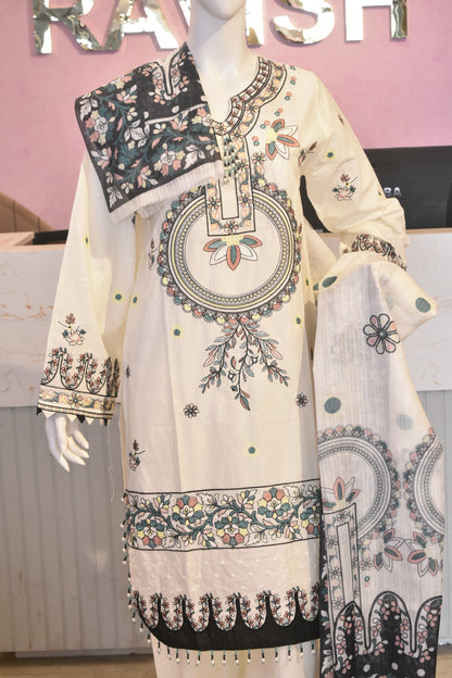 Serene Ivory Embroidered Lawn 3-Piece Suit with Cotton Net Dupatta