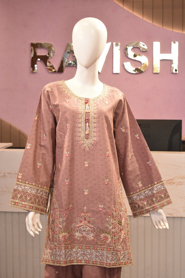 Elegant Mauve Embroidered 3-Piece Cotton Suit with Tassel Detailing