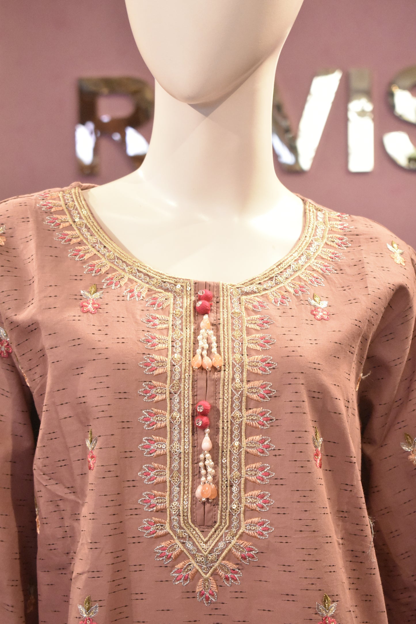 Elegant Mauve Embroidered 3-Piece Cotton Suit with Tassel Detailing