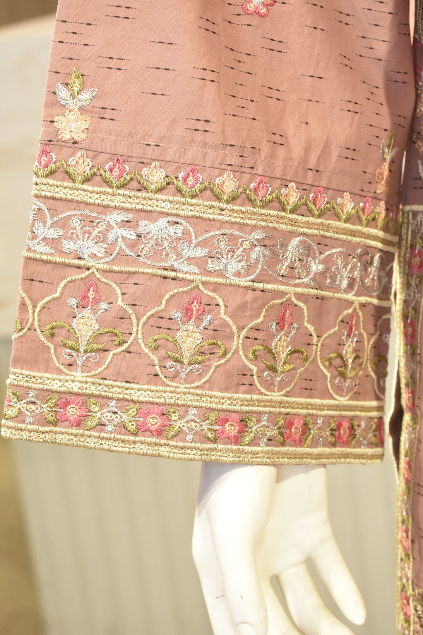 Elegant Mauve Embroidered 3-Piece Cotton Suit with Tassel Detailing