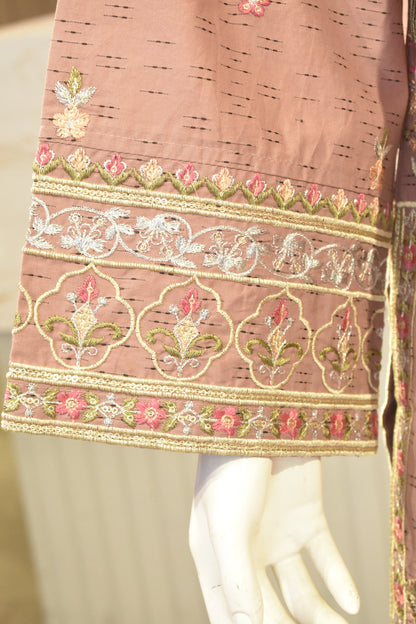 Elegant Mauve Embroidered 3-Piece Cotton Suit with Tassel Detailing