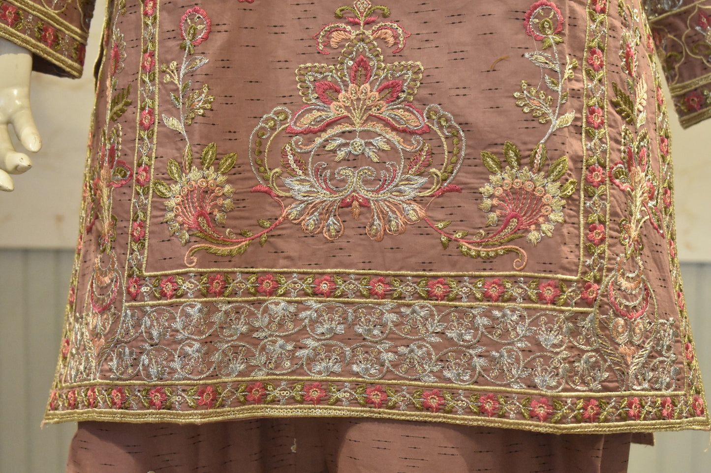 Elegant Mauve Embroidered 3-Piece Cotton Suit with Tassel Detailing