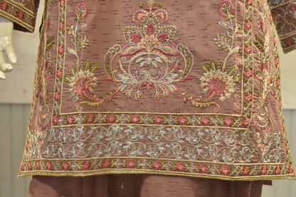 Elegant Mauve Embroidered 3-Piece Cotton Suit with Tassel Detailing
