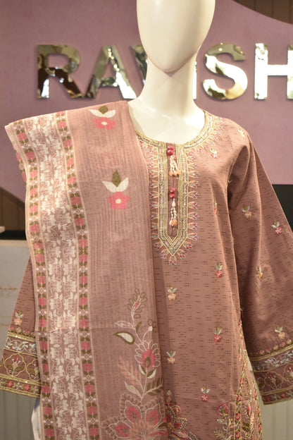 Elegant Mauve Embroidered 3-Piece Cotton Suit with Tassel Detailing