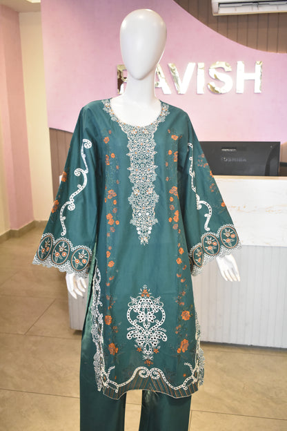 Enchanting Emerald Green Embroidered 3-Piece Cotton Suit