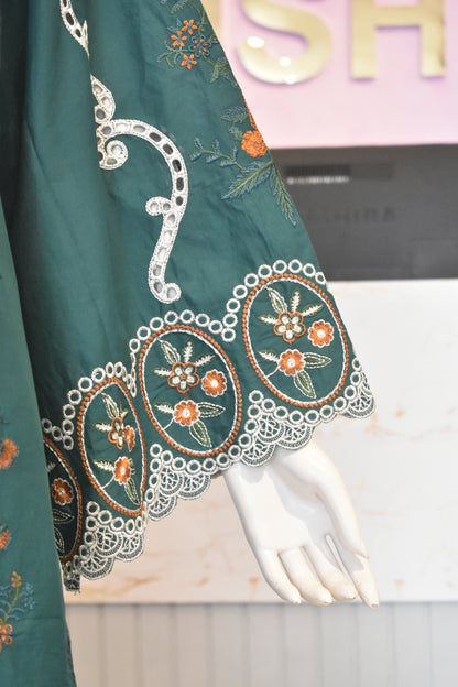 Enchanting Emerald Green Embroidered 3-Piece Cotton Suit