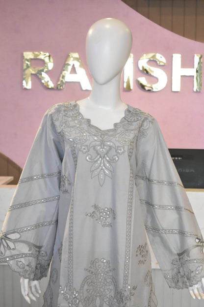 Elegant Dove Grey Embroidered 3-Piece Cotton Suit with Mirror Work Detailing