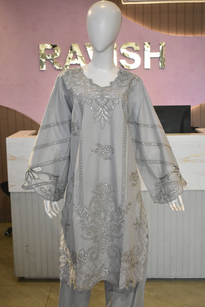 Elegant Dove Grey Embroidered 3-Piece Cotton Suit with Mirror Work Detailing
