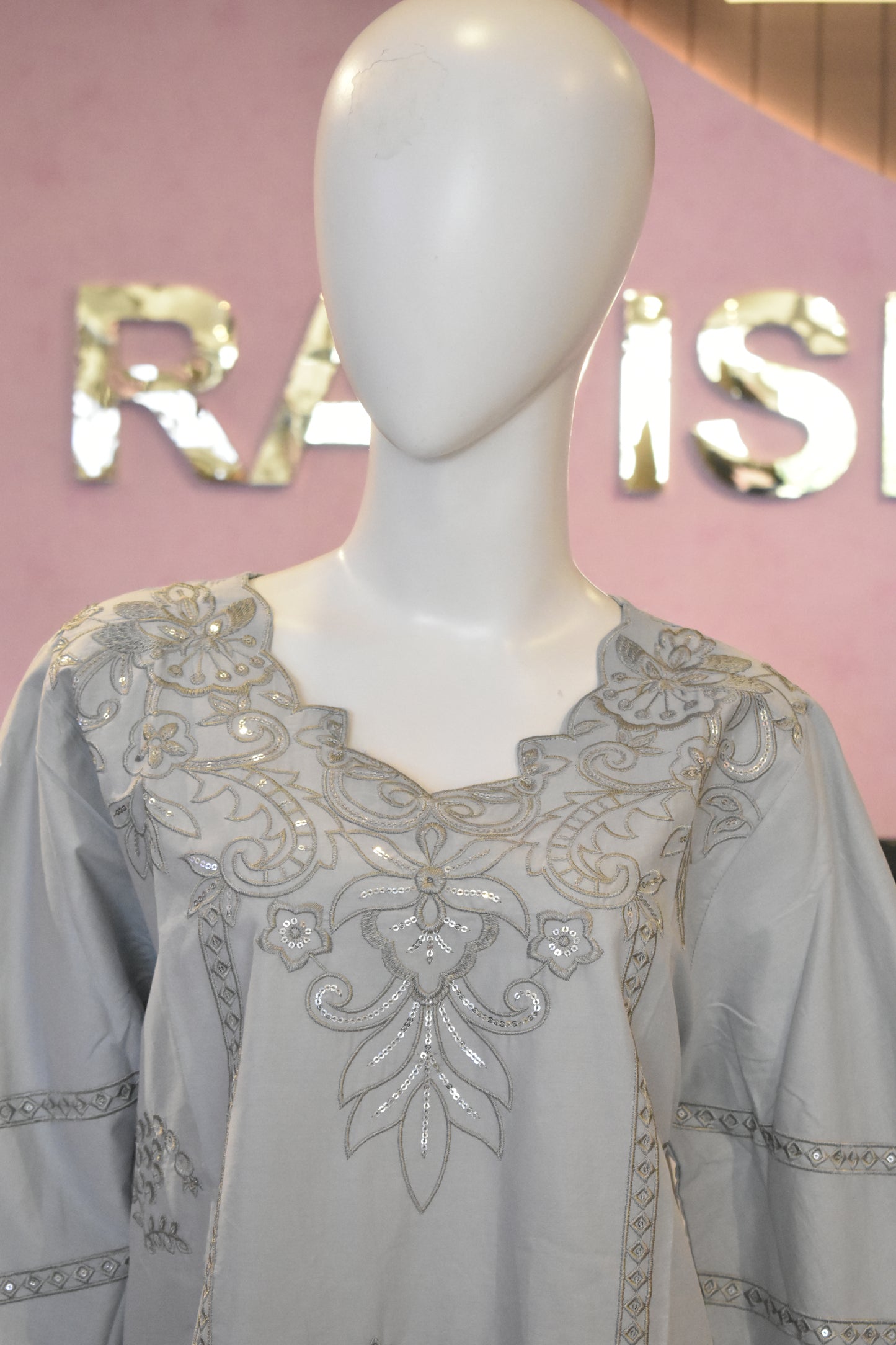 Elegant Dove Grey Embroidered 3-Piece Cotton Suit with Mirror Work Detailing