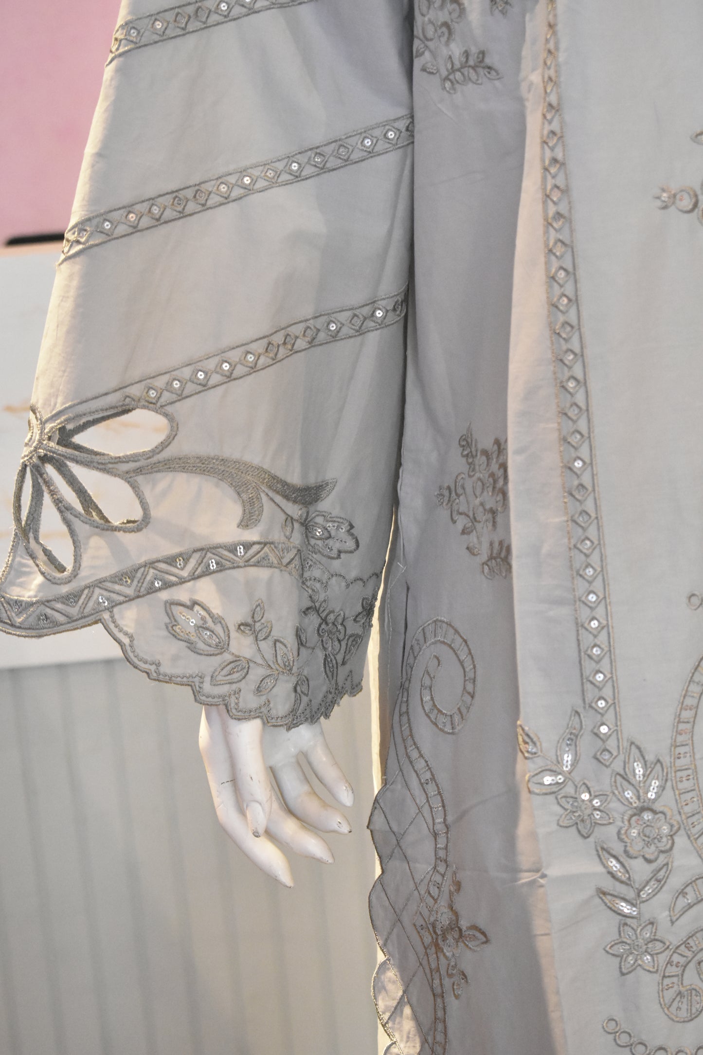 Elegant Dove Grey Embroidered 3-Piece Cotton Suit with Mirror Work Detailing