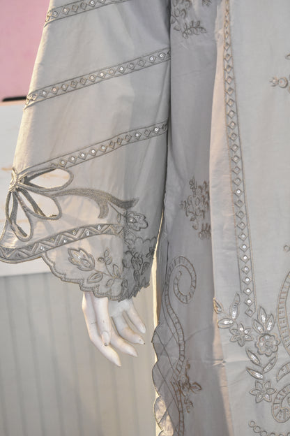 Elegant Dove Grey Embroidered 3-Piece Cotton Suit with Mirror Work Detailing