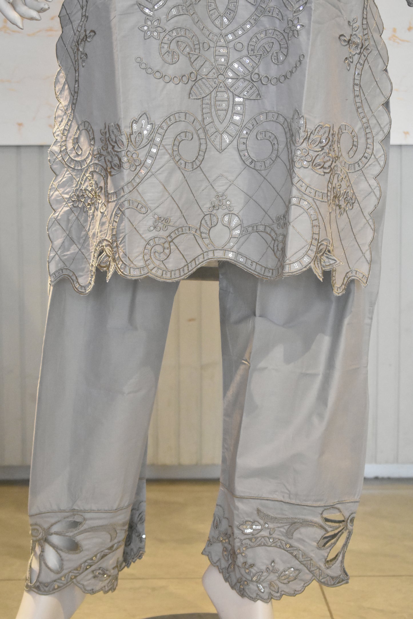 Elegant Dove Grey Embroidered 3-Piece Cotton Suit with Mirror Work Detailing